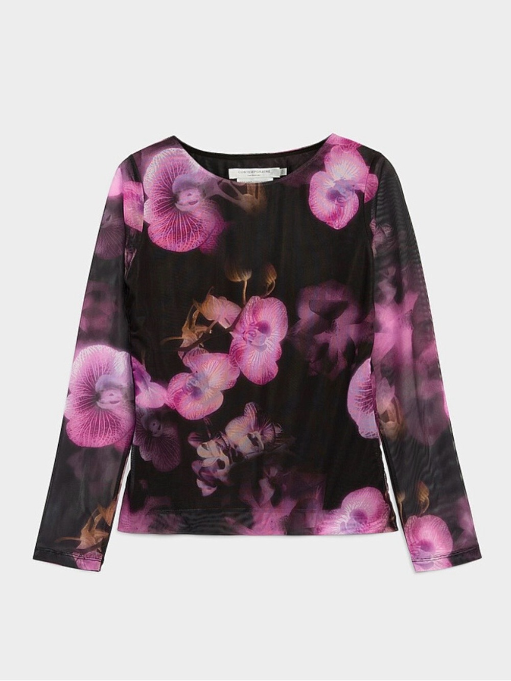 Contemporaine Floral Mesh Long-Sleeve Top - Pink & Purple Orchid Design